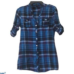 Fang Plaid Cotton Button Down V-Neck top size Med